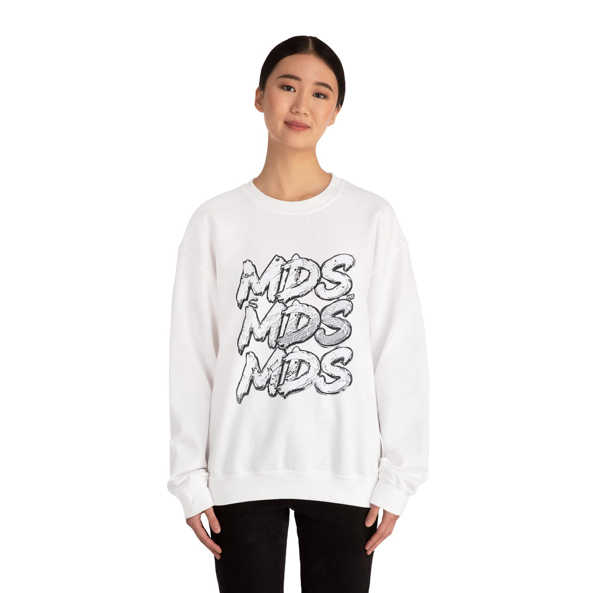 All white out MDS unisex crew neck sweatshirt